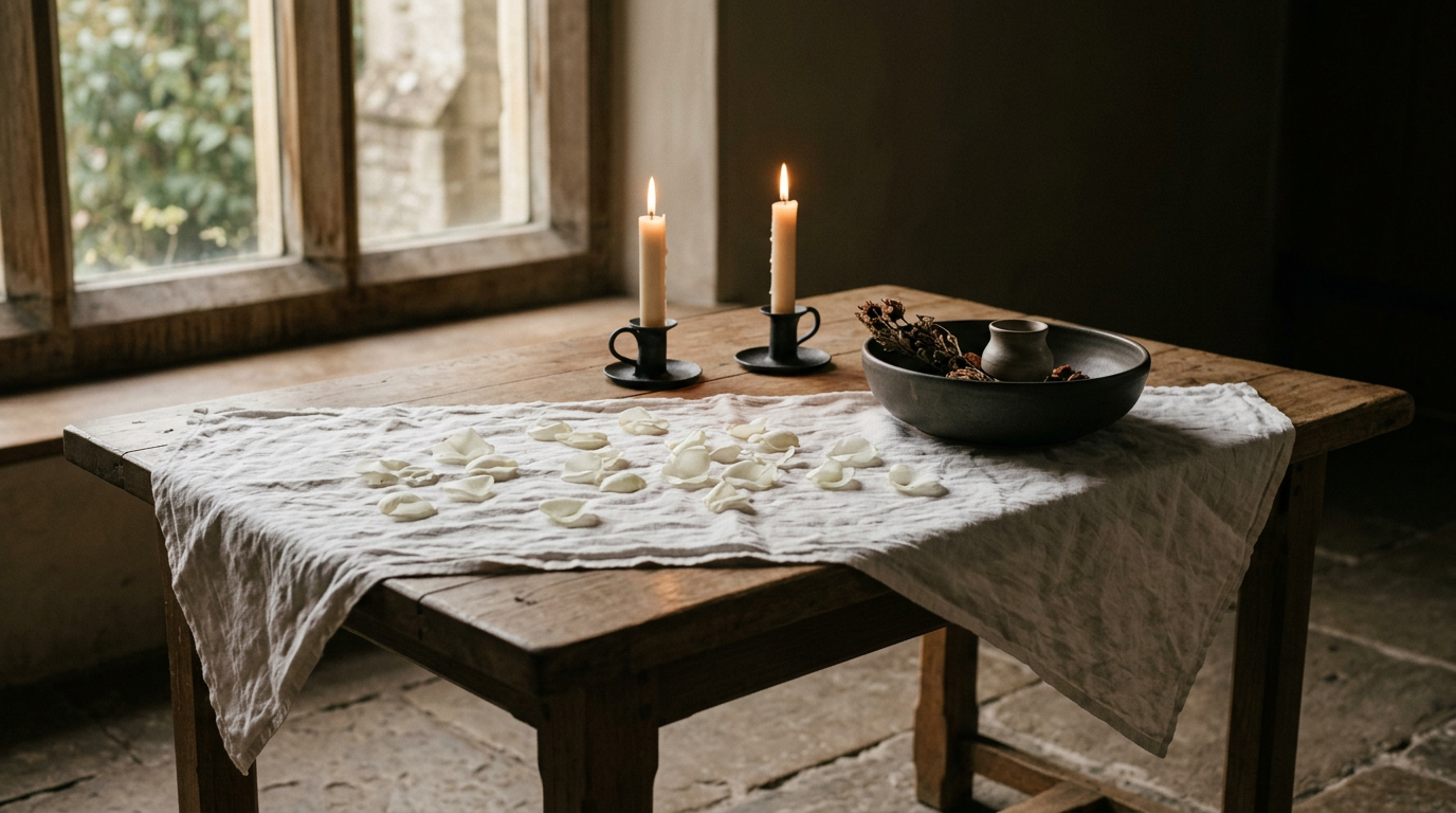 Mesa ceremonial con pétalos blancos y velas encendidas, luz lateral suave.