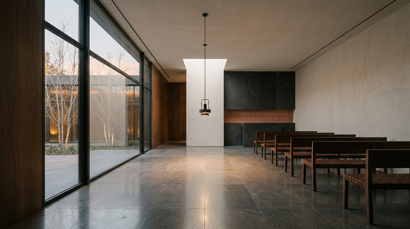 Interior arquitectónico de tanatorio moderno con luz cenital cayendo sobre piedra pulida.