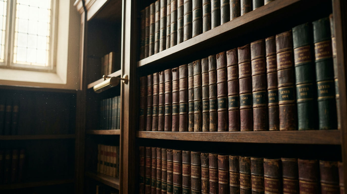 Estantería de biblioteca jurídica con tomos antiguos encuadernados en piel y luz lateral cálida.
