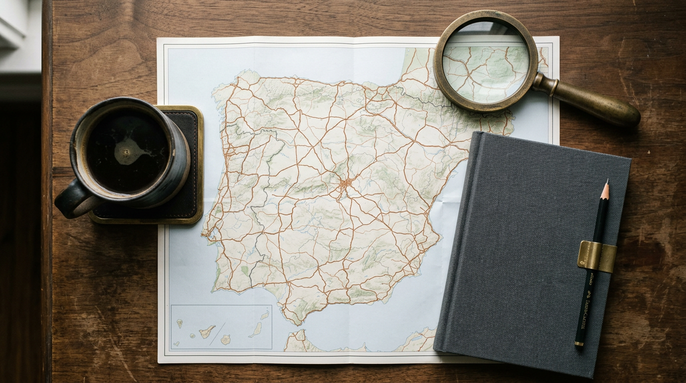 Bodegón cenital con mapa de España en papel mate, lupa de bronce y cuaderno de tela.