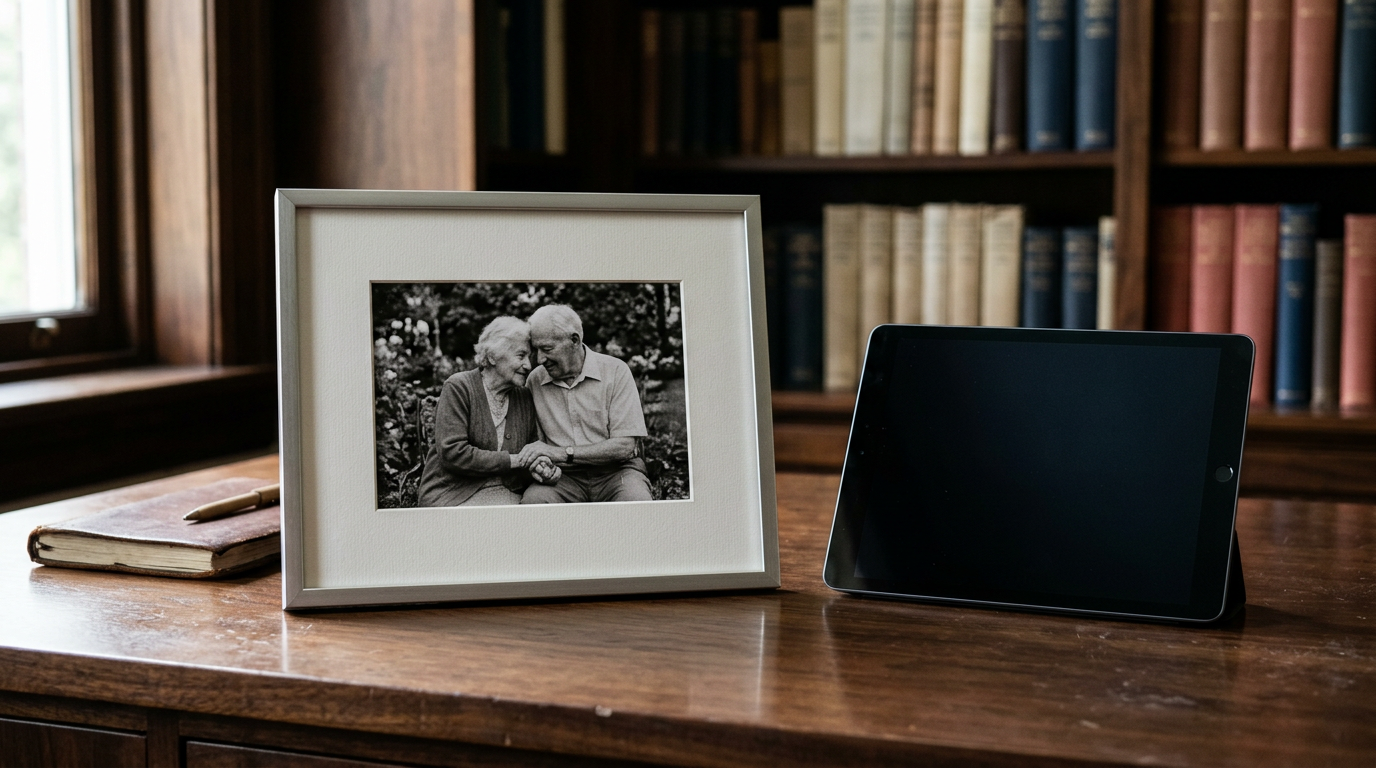 Fotografía analógica en blanco y negro sobre escritorio de nogal junto a una tableta apagada.