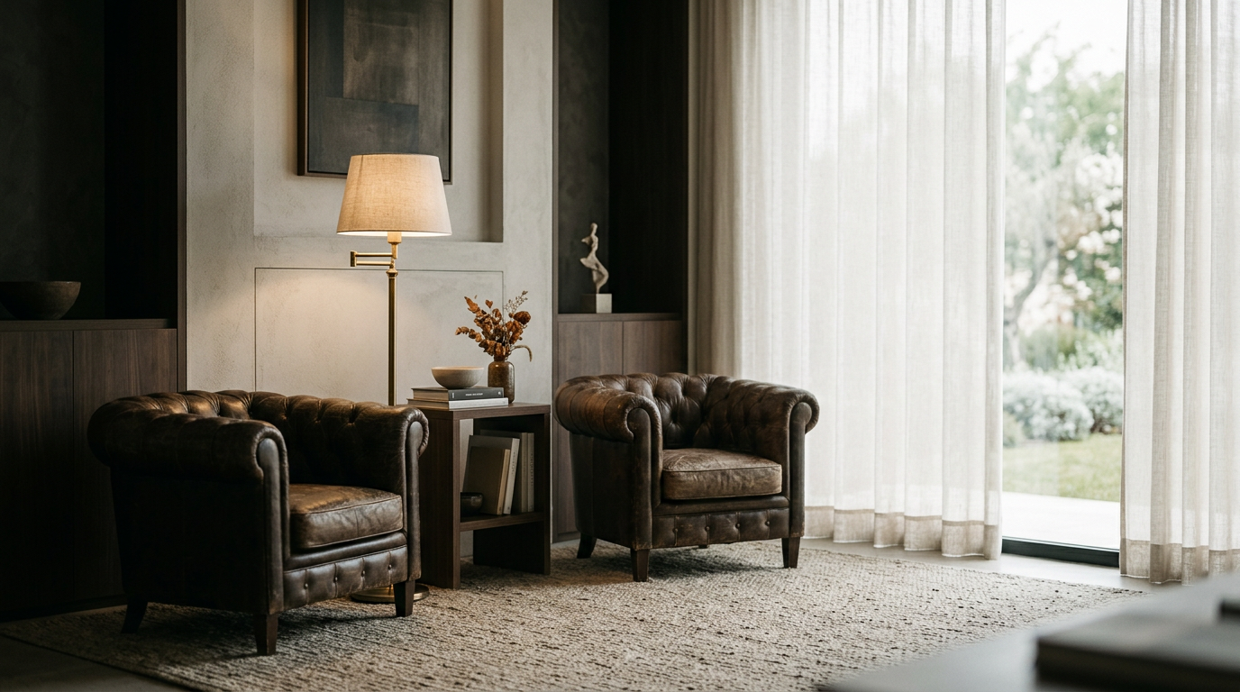 Sala de espera elegante con butacas de cuero, lámpara de pie cálida y visillo translúcido.