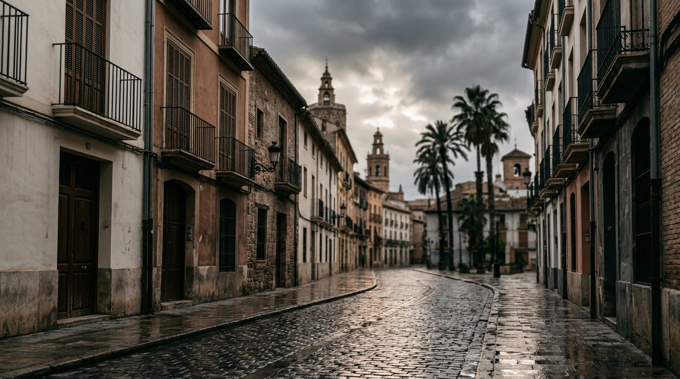 Paisaje urbano valenciano bajo cielo encapotado tras la tormenta, calles vacías y mojadas.
