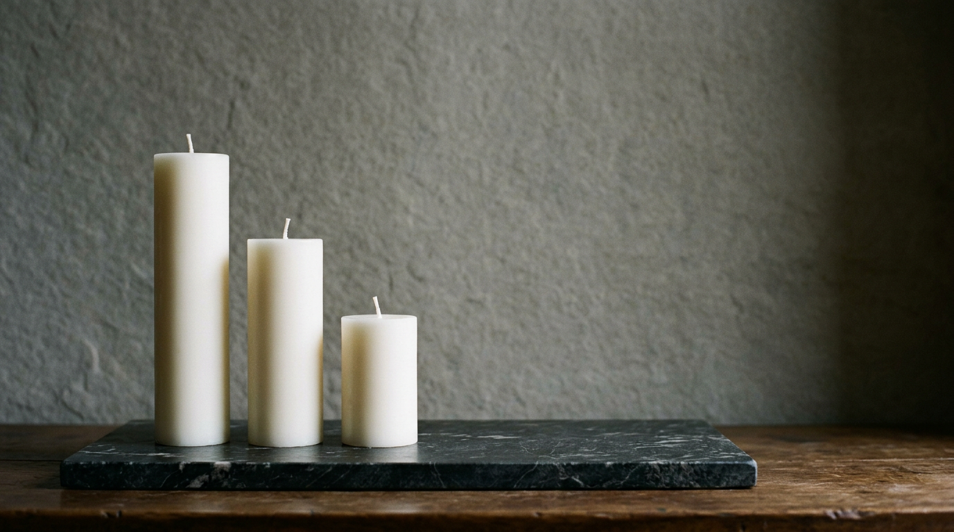 Tres velas blancas cilíndricas sobre mármol negro con espacio negativo amplio.