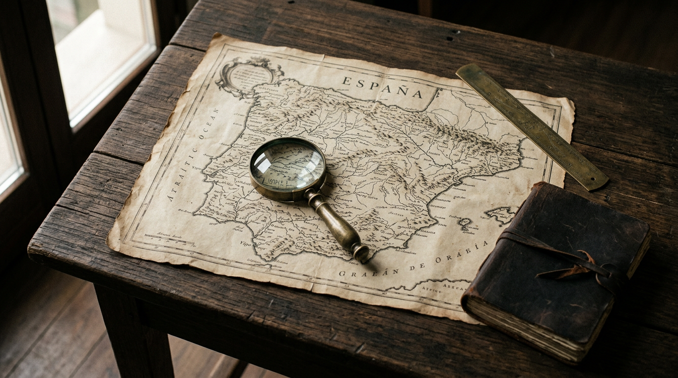 Mapa antiguo de España extendido sobre mesa de madera oscura con lupa de bronce.