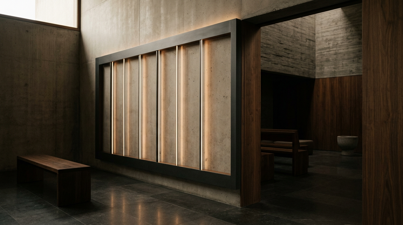 Panel arquitectónico moderno con líneas LED tenues sobre hormigón pulido en penumbra.