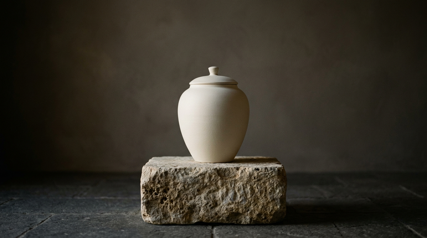 Urna de cerámica mate hueso sobre pedestal de piedra caliza con halo lateral.